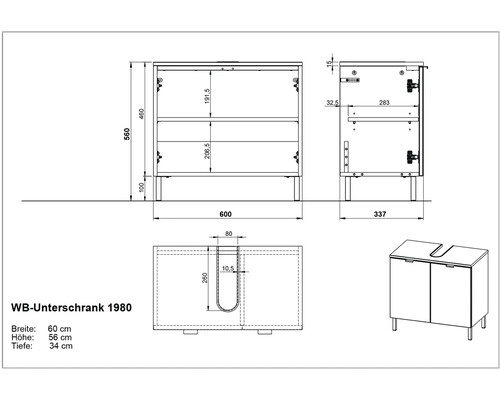 Technische Zeichnung des Waschtischunterschranks mit Maßangaben.