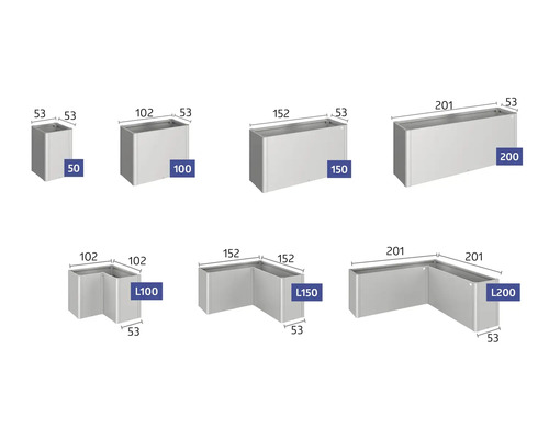 Verschiedene Pflanzkasten-Größen und -Formen mit Maßangaben