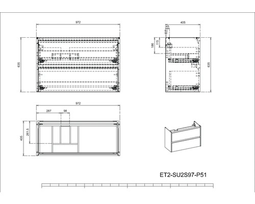 Technische Zeichnung eines Waschtischunterschranks mit Abmessungen