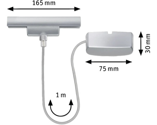 Möbelbeleuchtung mit den Maßen 165 mm mal 75 mm und einer Kabellänge von 1 m.