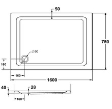 Technische Zeichnung einer Duschwanne mit Maßangaben