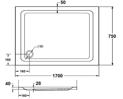 Technische Zeichnung einer Duschwanne mit Maßen 1700 x 750 mm