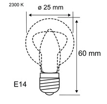 Technische Zeichnung einer E14 Glühbirne mit den Maßen 25 Millimeter Durchmesser und 60 Millimeter Höhe, 2300 Kelvin