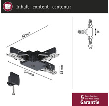 Verbinder für Paneele mit Zubehör und Maßangaben