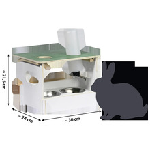 Hasenstall mit Futterstation und Wasserflasche mit Größenangaben