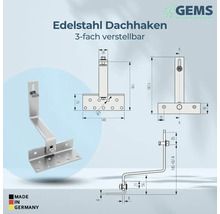 Edelstahl Dachhaken, dreifach verstellbar, mit Maßangaben und Herkunftssiegel Made in Germany.