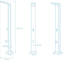 Technische Zeichnung einer Gartendusche mit Maßangaben.