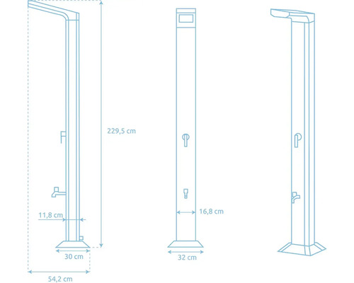 Technische Zeichnung einer Gartendusche mit Maßangaben.