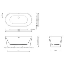 Technische Zeichnung einer freistehenden Badewanne mit Maßangaben