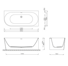 Technische Zeichnung einer Badewanne mit Maßangaben