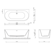Technische Zeichnung einer Badewanne mit Maßangaben für die Installation.