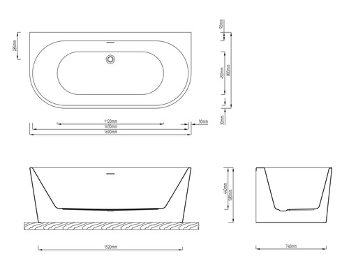 Technische Zeichnung einer Badewanne mit Maßangaben für die Installation.