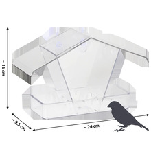 Vogelhaus aus Kunststoff mit Saugnäpfen und Maßangaben