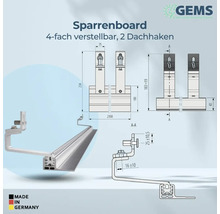 Sparrenboard, vierfach verstellbar, mit zwei Dachhaken und technischen Zeichnungen