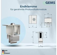 Endklemme für gerahmte Photovoltaikmodule mit Maßangaben und Made in Germany Kennzeichen