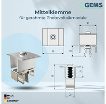 Mittelklemme für gerahmte Photovoltaikmodule mit Maßangaben