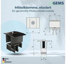 Mittelklemme für gerahmte Photovoltaikmodule mit Maßangaben und Made in Germany Kennzeichnung