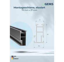 Eloxierte Montageschiene, 70 mm x 37 mm, mit Maßangaben und Made in Germany Kennzeichnung.