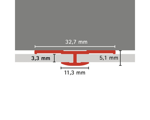 Darstellung der Maße eines Profils: 32,7 mm Breite, 3,3 mm und 5,1 mm Höhe, 11,3 mm Fußbreite.