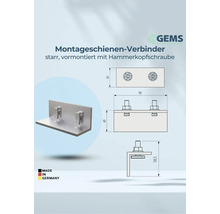 Montageschienenverbinder, starr, vormontiert mit Hammerkopfschraube und Maßangaben