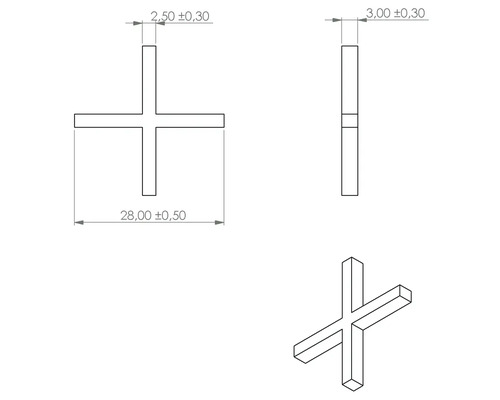 Technische Zeichnung eines Fugenkreuzes mit Maßangaben