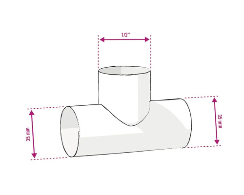 Abbildung eines T-Stück Fittings mit den Maßen 35 mm und 1/2 Zoll.