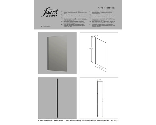 Seitenwand mit 6 Millimeter Glas grau getönt, reversibel, Perleffekt und Schnellmontagesystem, Profil: Aluminium, mattschwarz