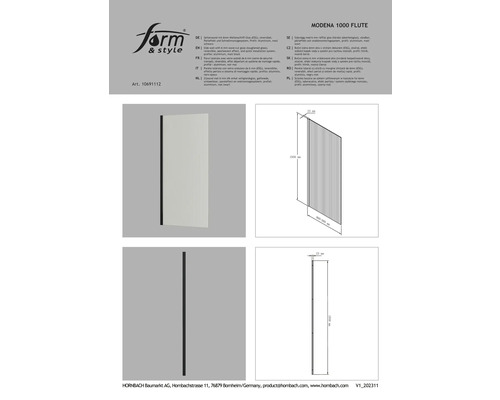 Modena 1000 Flute Seitenwand mit Wellenschliff-Glas, reversibel und Schnellmontagesystem, Profil aus Aluminium