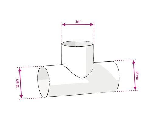 Abbildung eines T-Stück Fittings mit den Maßen 35 mm und 3/4 Zoll.