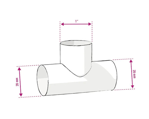 Illustration eines T-Stücks mit den Maßen 28 mm und 1 Zoll