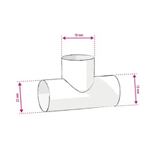 Illustration eines T-Stücks mit den Maßen 18 mm, 15 mm und 22 mm.