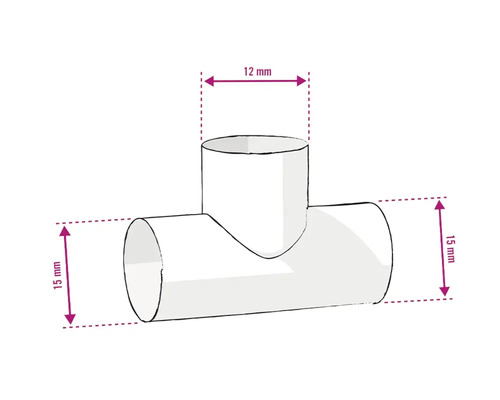 Zeichnung eines T-Stücks mit Größenangaben 12 mm und 15 mm.