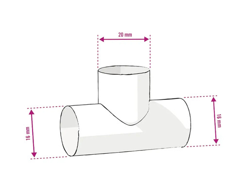 Abbildung eines T-Stücks mit den Maßen 16 mm und 20 mm.