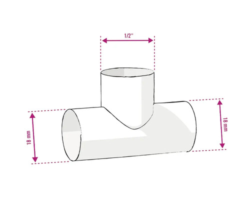T-Stück mit Maßangaben: 18 mm und 1/2 Zoll