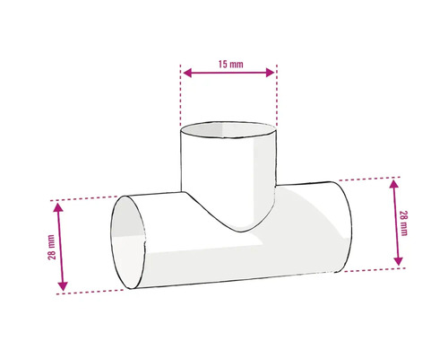 Abbildung eines T-Stücks mit Maßangaben von 15 mm und 28 mm.