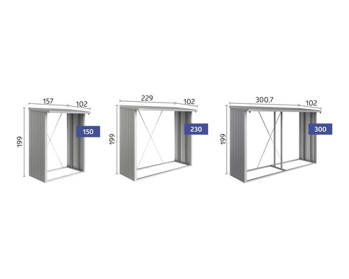 Abbildung von drei Holzregalen in verschiedenen Größen als technische Zeichnung.