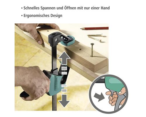 Wolfcraft Einhandzwinge im Einsatz mit Werkstücken, Schrauben und Bleistift