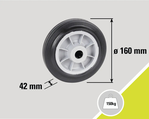 Rad mit einem Durchmesser von 160 Millimetern und einer Traglast von 150 Kilogramm