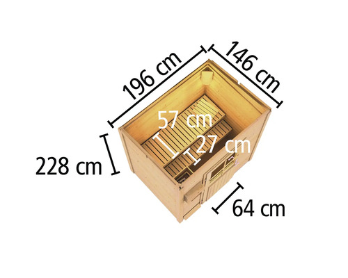 Abmessungen einer Holzsauna mit den Maßen 196 cm x 146 cm x 228 cm