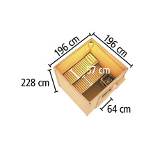 Draufsicht einer Sauna mit Maßangaben: 196 cm Breite, 228 cm Höhe und 64 cm Tiefe.