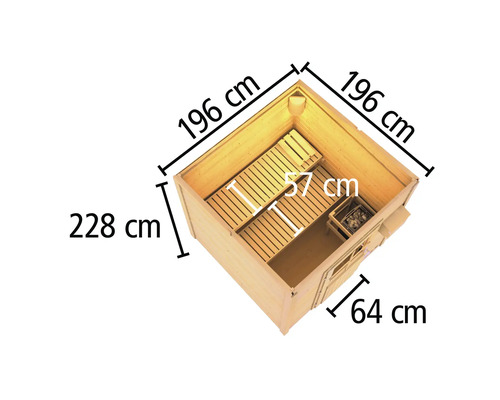Draufsicht einer Sauna mit Maßangaben: 196 cm Breite, 228 cm Höhe und 64 cm Tiefe.