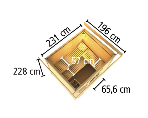 Abmessungen einer Blockbohlensauna mit den Massen 231 cm, 228 cm, 196 cm, 57 cm und 65,6 cm.