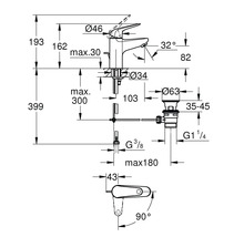 Technische Zeichnung eines Wasserhahns mit Maßangaben