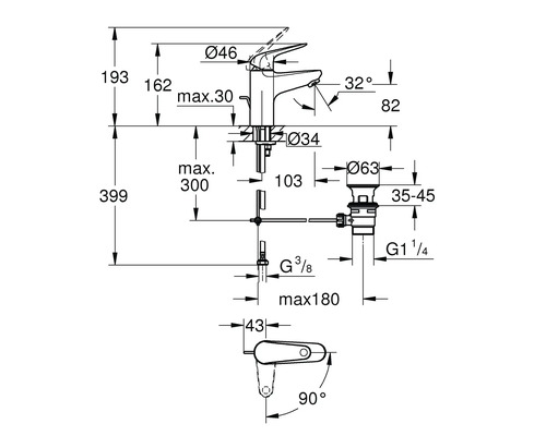 Technische Zeichnung eines Wasserhahns mit Maßangaben