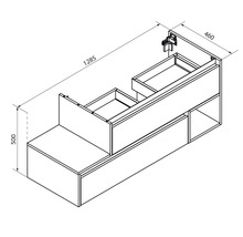 Technische Zeichnung eines Waschtischunterschranks mit Schubladen und den Maßen 1285 x 500 x 460 mm.