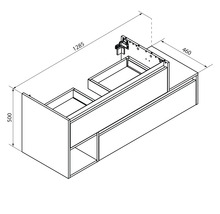 Technische Zeichnung eines Waschtischunterschranks mit Schubladen und offenen Fächern, Maße 1285 x 460 x 500 mm