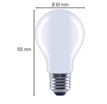 Abbildung einer Glühbirne mit den Maßen 60 Millimeter Durchmesser und 105 Millimeter Länge.