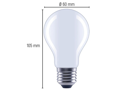 Abbildung einer Glühbirne mit den Maßen 60 Millimeter Durchmesser und 105 Millimeter Länge.