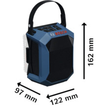 Bosch Baustellenradio mit den Maßen 162 mm Höhe, 97 mm Breite und 122 mm Tiefe.