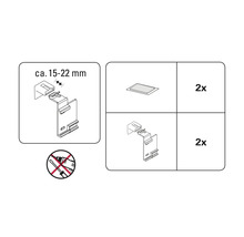 Zeichnung der Montage des Produkts mit einer Größe von circa 15 bis 22 Millimeter und der Angabe, dass es zweimal enthalten ist. Schraubenzieher ist nicht erlaubt.